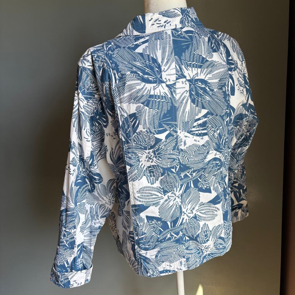 COLDWATER CREEK Women's XL Petit Blue White Floral Notch Lapel Cotton Blazer - Picture 6 of 11